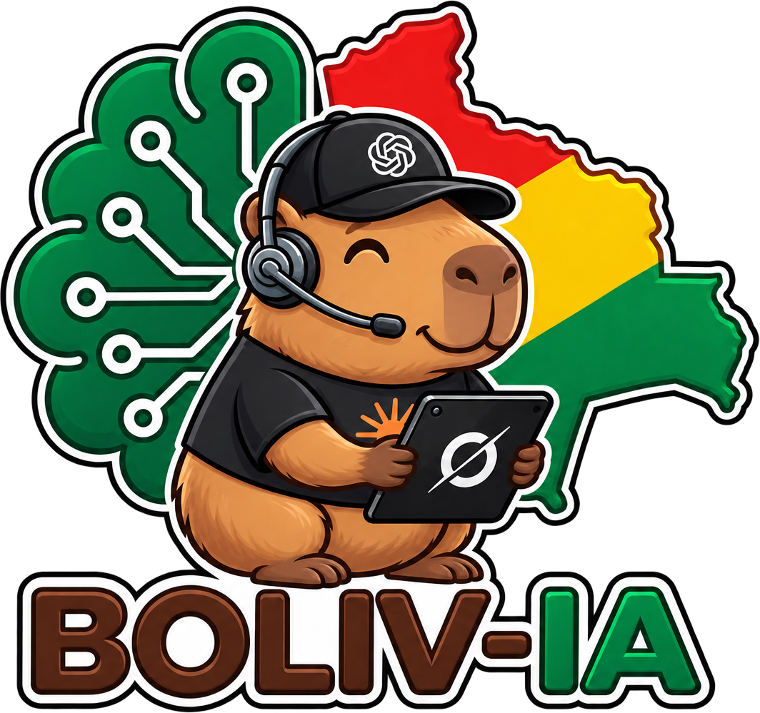 Logo de BOLIV-IA: capibara con tablet sobre el mapa de Bolivia