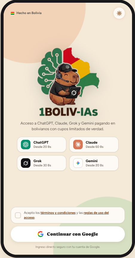 Captura real de la App Oficial de 1Bolivias con chat de atención y planes